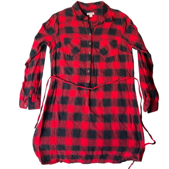 Merona Women’s Shirt Dress size L Long Sleeve Button Up Collar Plaid Red Black - Picture 1 of 9